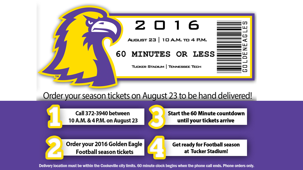 Tennessee Tech football season tickets to be delivered in 60 minutes or less or they are FREE!