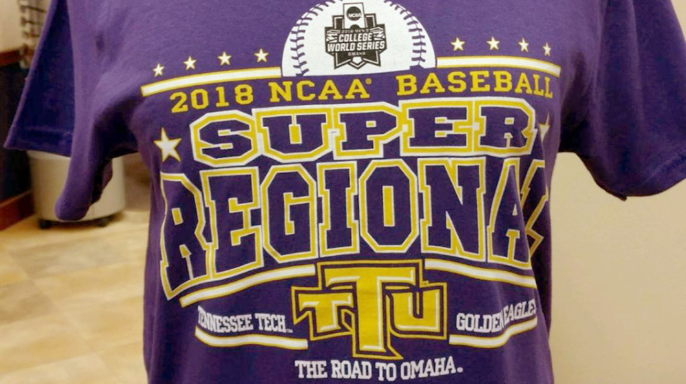 Tennessee Tech University bookstore selling commemorative NCAA Super Regional shirts