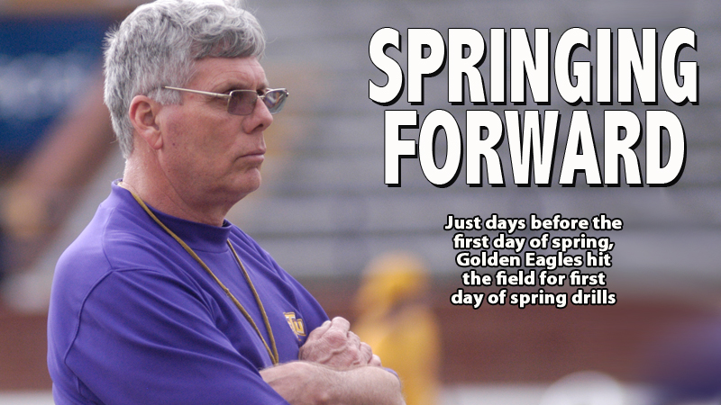 Golden Eagles on Overall Field for first day of spring drills