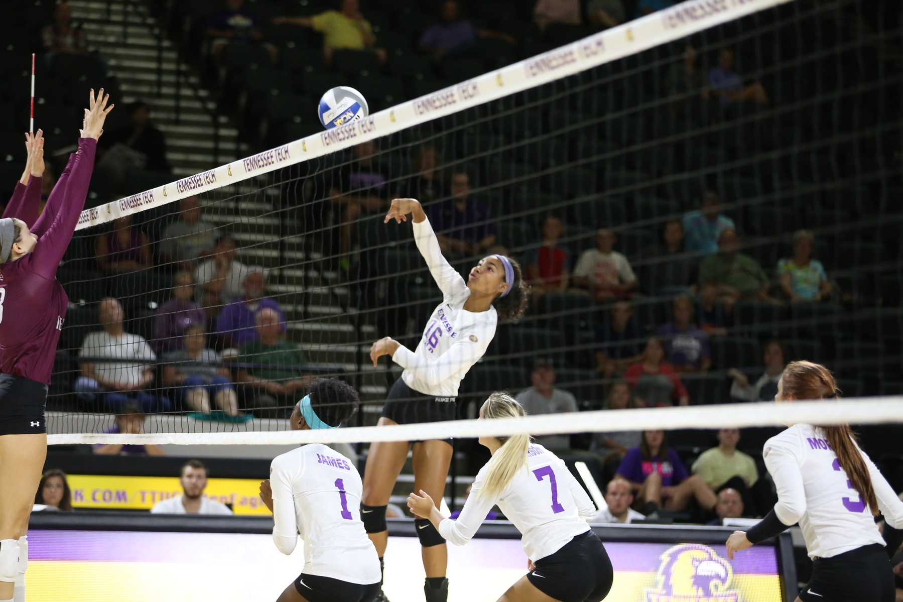 Sophomore Rachel Thomas picked up six of the Golden Eagles' 41 team kills in their season-opening win.
